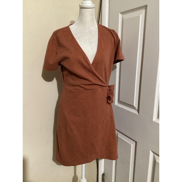 Madewell Dress Womens Medium Rust Texture & Thread Wrap Tie Waist Short Sleeve - Picture 1 of 5